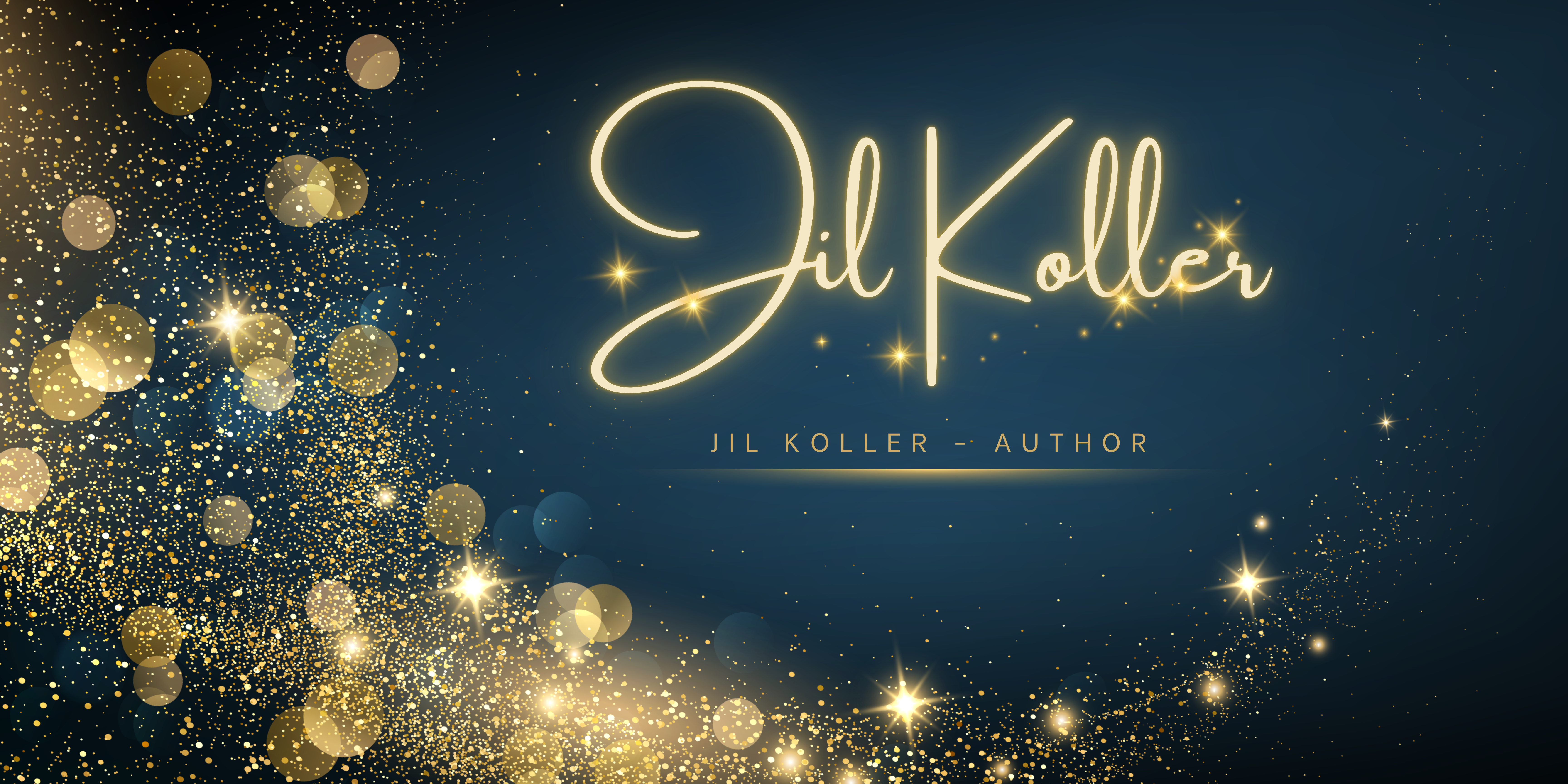 A sparkling graphic featuring the name 'Jil Koller' in an elegant font, surrounded by gold and white light effects on a dark blue background.