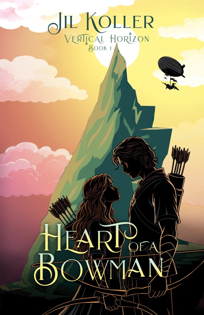 Book cover for 'Heart of a Bowman' by Jil Koller, featuring a mountain and two characters with bows, set against a colorful sky.